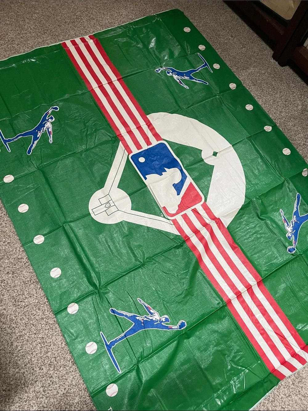 Baseball Field Party Table Cover Vinyl felt back Red White & Blue 72”x52”MLB